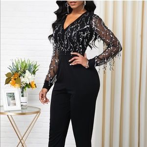 V Neck Long Sleeve Sequin Jumpsuit - NEVER WORN